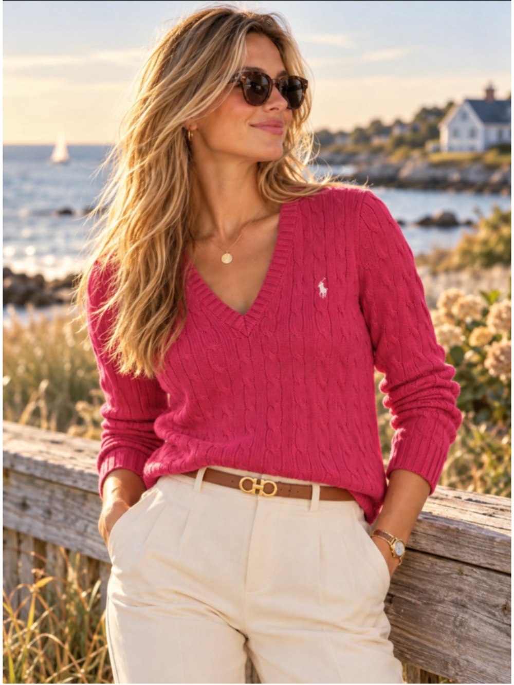 Vintage Ralph Lauren Sport Women’s XL Rose Pink Cable Knit V-Neck Cotton Sweater